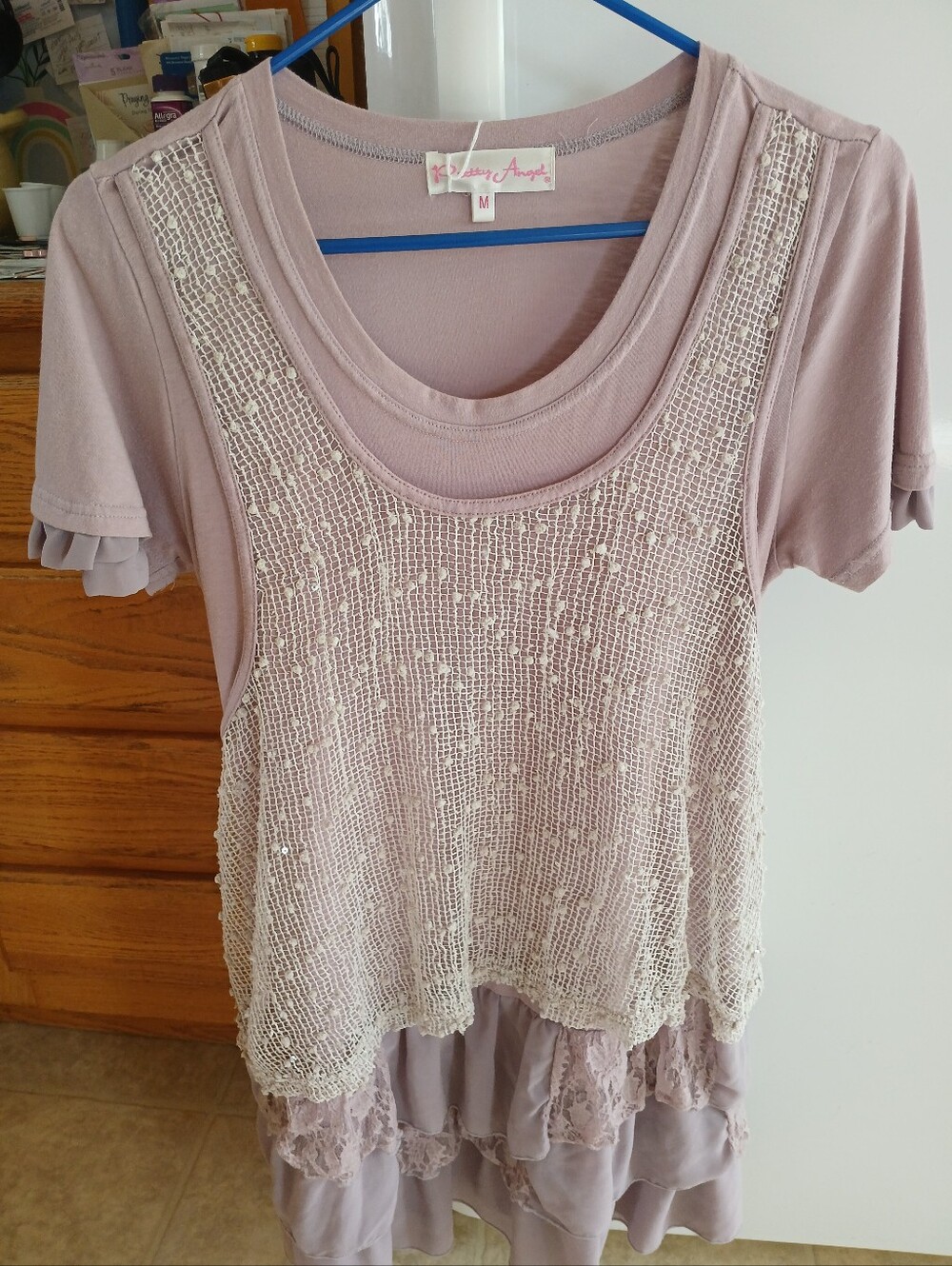 Pretty Angel Layered Crochet Scoop Neck Top — Mauve